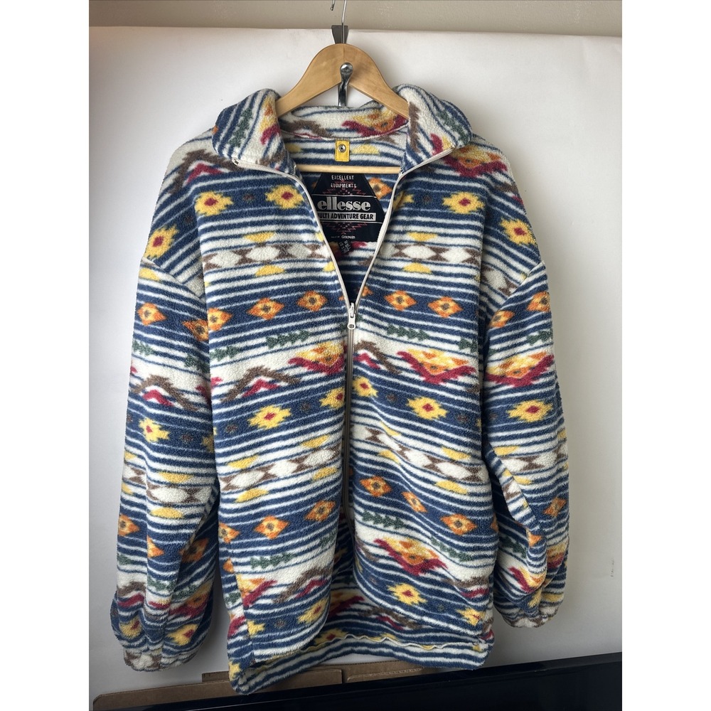 Vtg Ellesse 90s Navajo Print Fleece Hoodie Pullover  Oversize Tribal  Aztec M